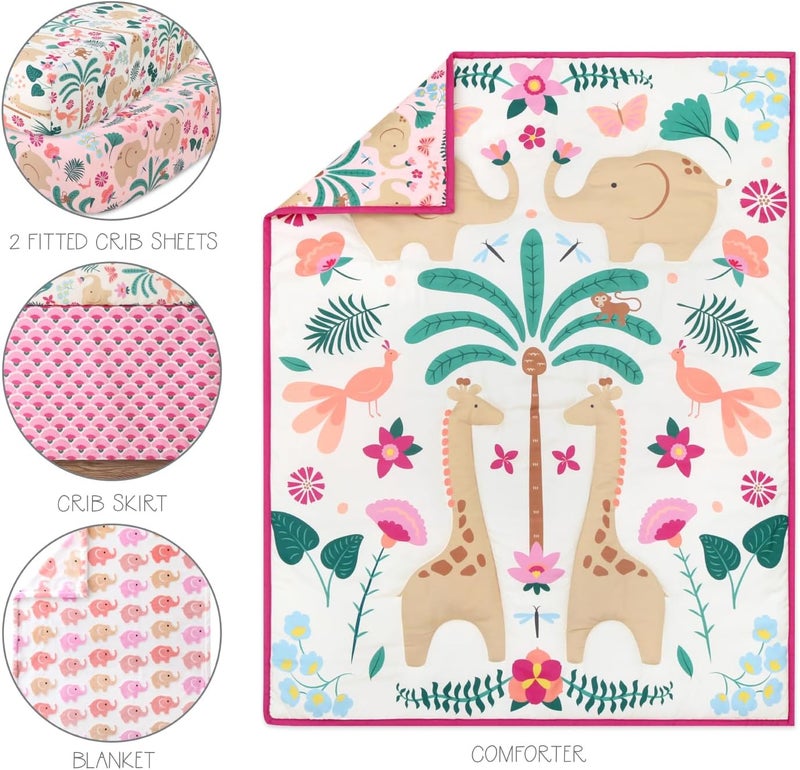 The Peanut Shell 5 Piece Baby Crib Bedding Set for Girls - Newborn, Infant & Toddler Nursery Bed Set Decor with Fitted Crib Sheets, Blanket, Dust Ruffle Comforter - Bright Safari - Image 2